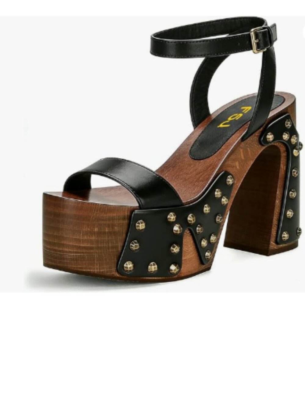FSJ Black Chunky Platform Wooden High Heel Open Toe Studded Ankle Strap Sandals